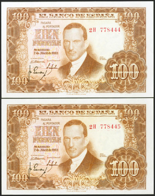 100 Pesetas. 7 de Abril de 1953. Pareja correlativa. Serie 2H. (Edifil 2021: 464...