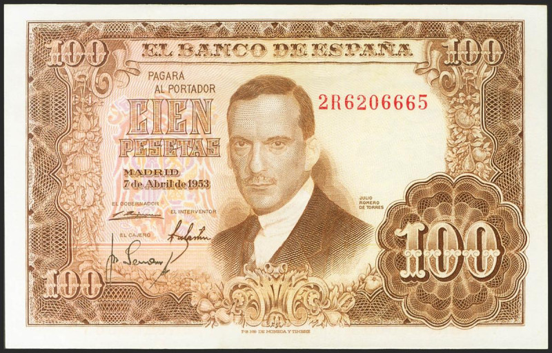 100 Pesetas. 7 de Abril de 1953. Serie 2R. (Edifil 2021: 464c). Apresto original...