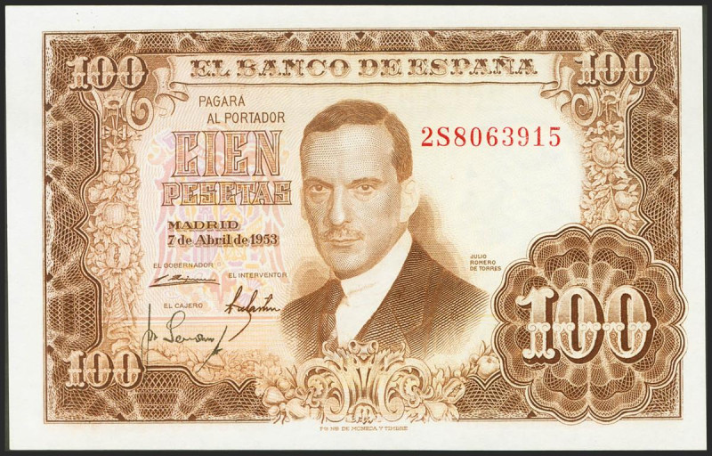 100 Pesetas. 7 de Abril de 1953. Serie 2S. (Edifil 2021: 464c). Conserva todo su...