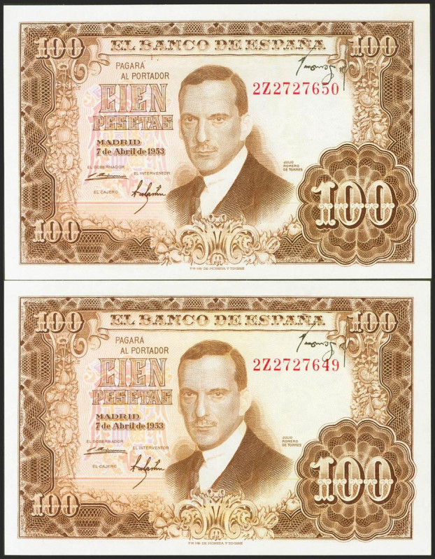 100 Pesetas. 7 de Abril de 1953. Pareja correlativa. Error de la firma del cajer...