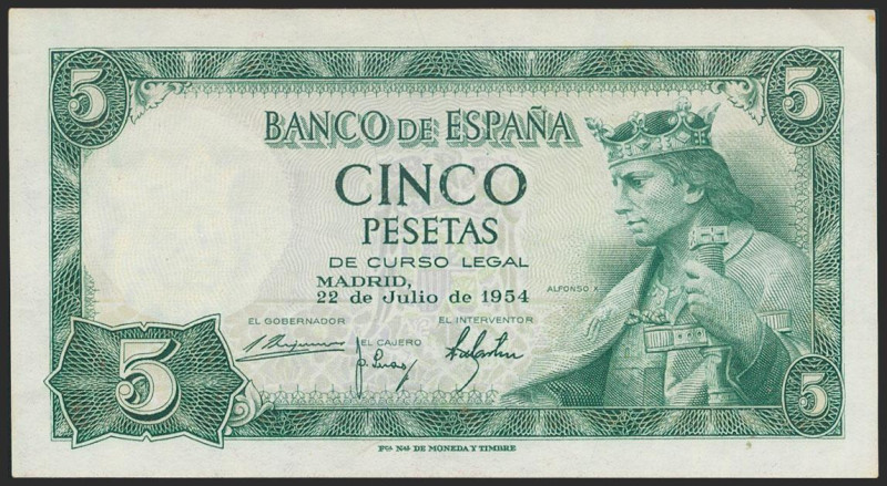 5 Pesetas. 22 de Julio de 1954. Sin serie. (Edifil 2021: 466). Apresto original....