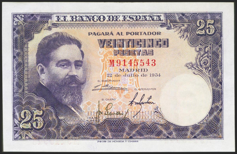 25 Pesetas. 22 de Julio de 1954. Serie M. (Edifil 2021: 467a). Conserva todo su ...