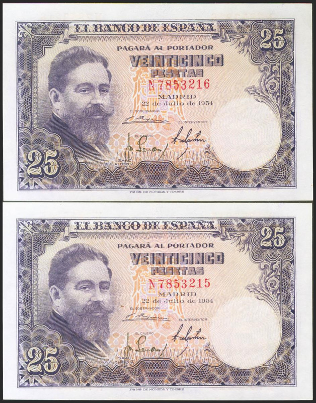 25 Pesetas. 22 de Julio de 1954. Pareja correlativa. Serie N. (Edifil 2021: 467a...