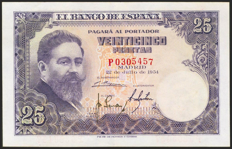 25 Pesetas. 22 de Julio de 1954. Serie P, última serie emitida. (Edifil 2021: 46...