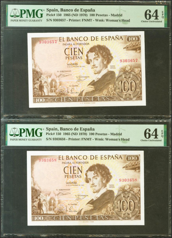 100 Pesetas. 19 de Noviembre de 1965. Pareja correlativa. Sin serie. (Edifil 202...