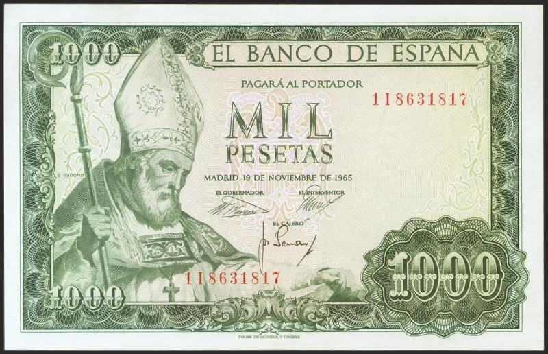 1000 Pesetas. 19 de Noviembre de 1965. Serie 1I. (Edifil 2021: 471b). Apresto or...