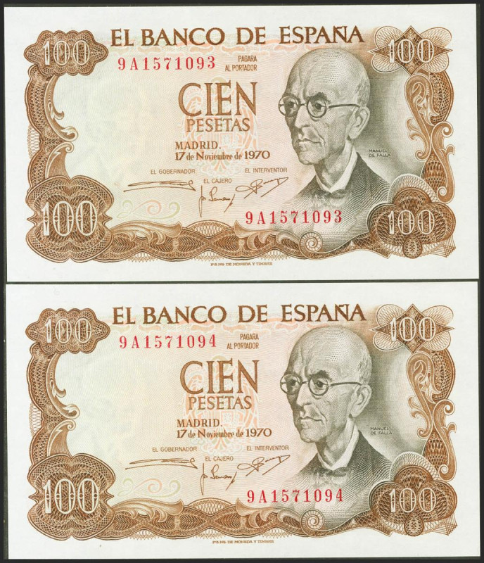 100 Pesetas. 17 de Noviembre de 1970. Pareja correlativa. Serie especial 9A. (Ed...