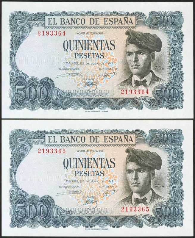 500 Pesetas. 23 de Julio de 1971. Pareja correlativa. Sin serie. (Edifil 2021: 4...