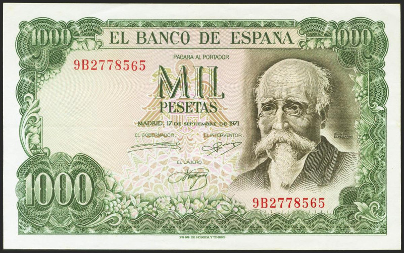 1000 Pesetas. 17 de Septiembre de 1971. Serie especial 9B. (Edifil 2021: 474d). ...