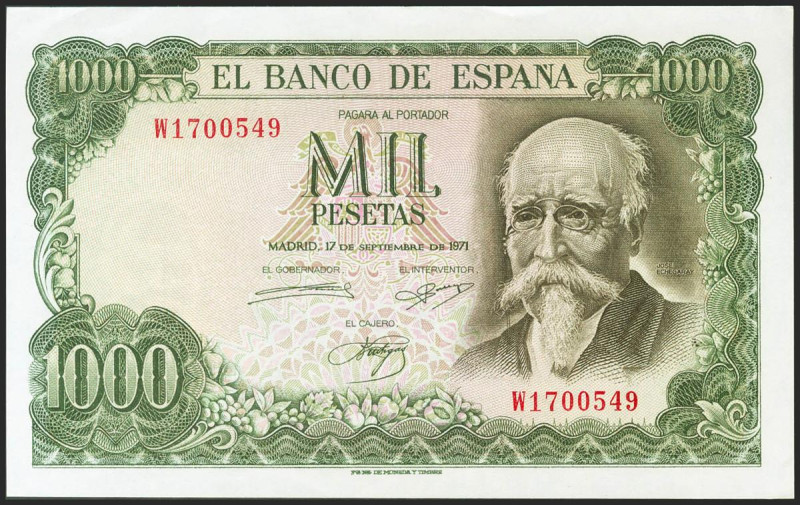 1000 Pesetas. 17 de Septiembre de 1971. Serie W. (Edifil 2021: 474b). Conserva t...