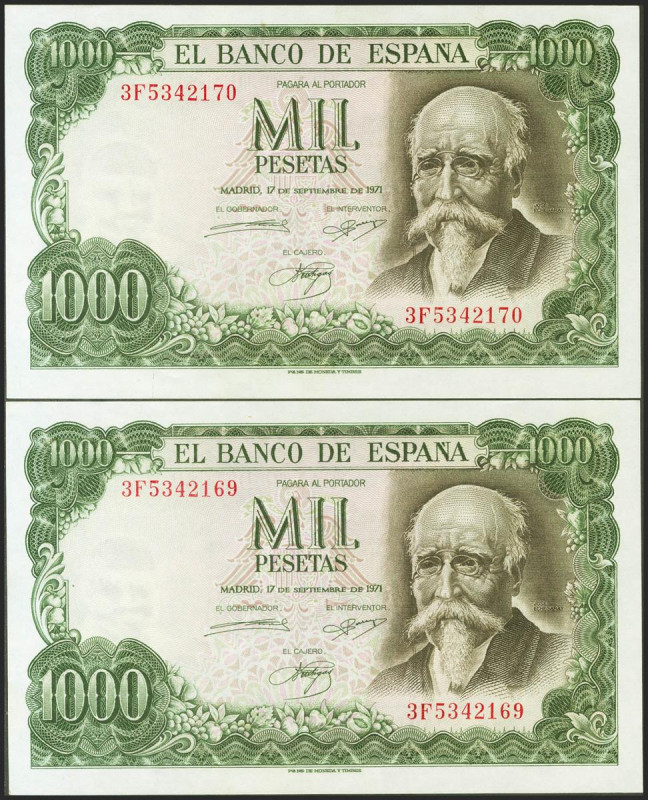 1000 Pesetas. 17 de Septiembre de 1971. Pareja correlativa. Serie 3F. (Edifil 20...