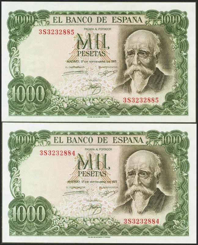 1000 Pesetas. 17 de Septiembre de 1971. Pareja correlativa. Serie 3S. (Edifil 20...