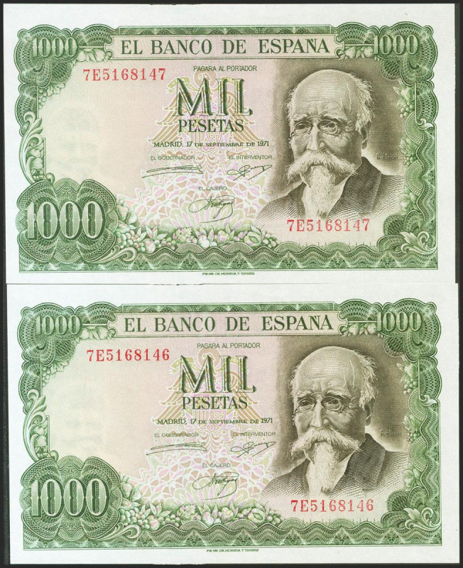 1000 Pesetas. 17 de Septiembre de 1971. Pareja correlativa. Serie 7E. (Edifil 20...