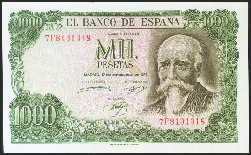 1000 Pesetas. 17 de Septiembre de 1971. Serie 7F y numeración capicúa. (Edifil 2...