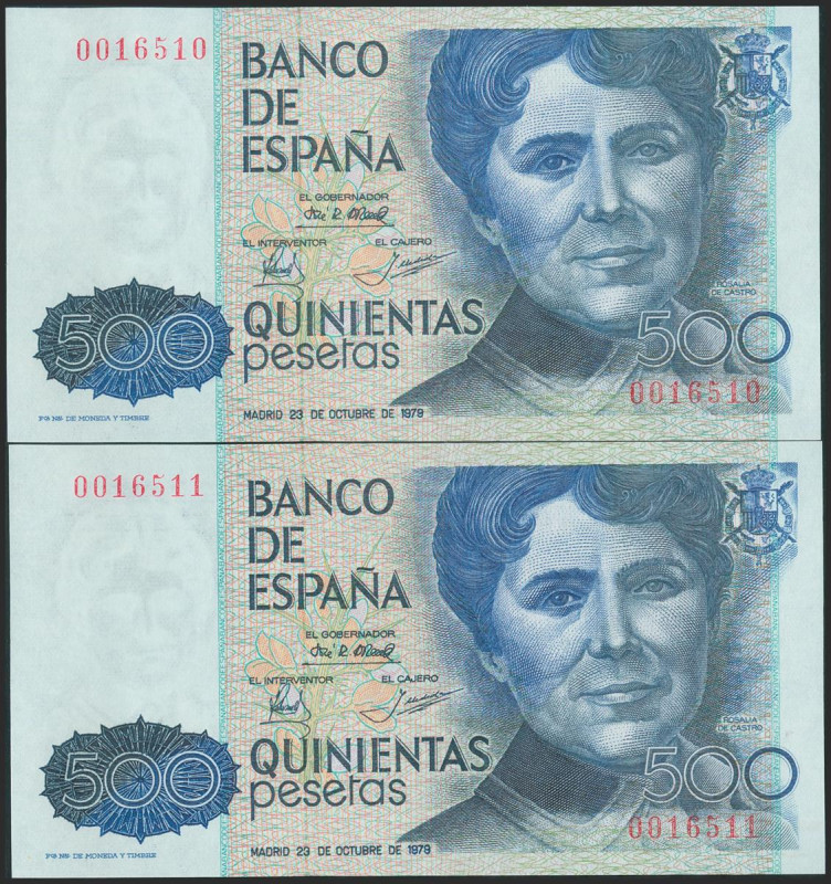 500 Pesetas. 23 de Octubre de 1979. Pareja correlativa. Sin serie y muy baja num...