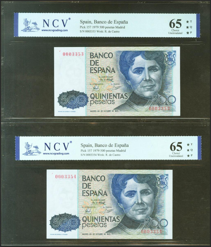 500 Pesetas. 23 de Octubre de 1979. Pareja correlativa. Sin serie y muy baja num...