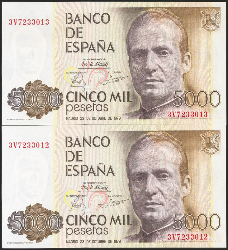 5000 Pesetas. 23 de Octubre de 1979. Pareja correlativa. Serie 3V. (Edifil 2021:...