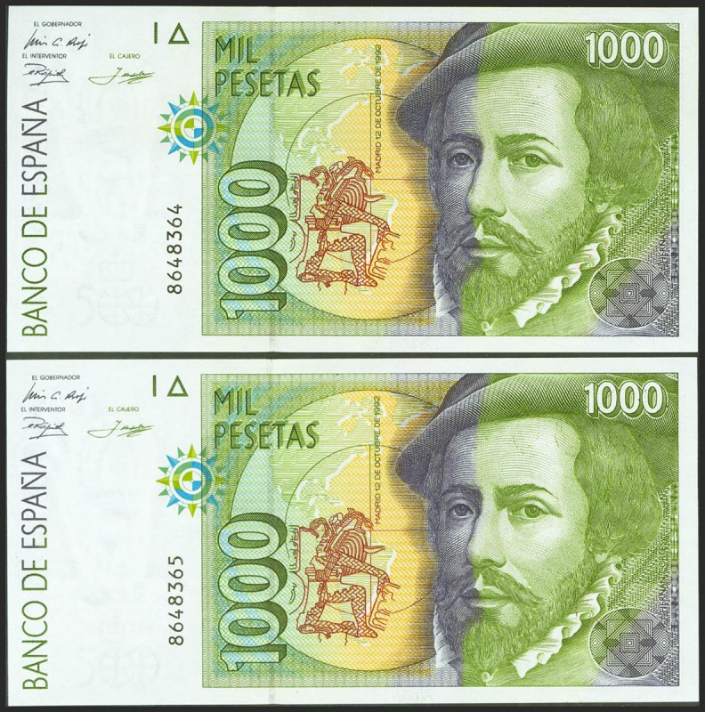 1000 Pesetas. 12 de Octubre de 1992. Pareja correlativa. Sin serie. (Edifil 2021...