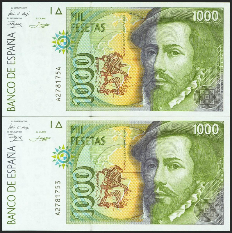 1000 Pesetas. 12 de Octubre de 1992. Pareja correlativa. Serie A. (Edifil 2021: ...