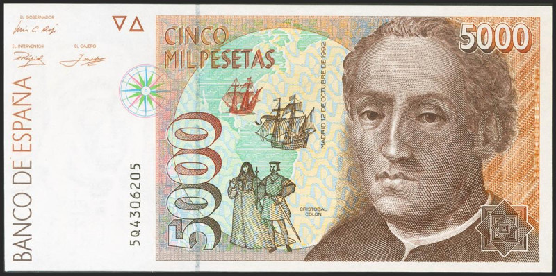 5000 Pesetas. 12 de Octubre de 1992. Serie 5Q. (Edifil 2021: 484a). SC.