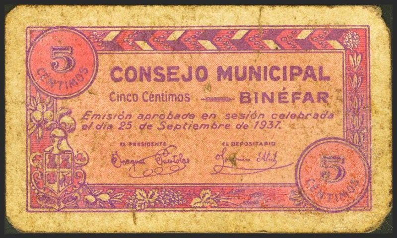 BINEFAR (HUESCA). 5 Céntimos. 25 de Septiembre de 1937. (González: 1226). Inusua...