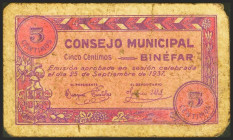 BINEFAR (HUESCA). 5 Céntimos. 25 de Septiembre de 1937. (González: 1226). Inusual. BC.