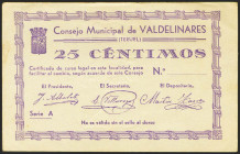 VALDELINARES (TERUEL). 25 Céntimos. (1937ca). Serie A. (González: No catalogado). Muy raro. MBC+.