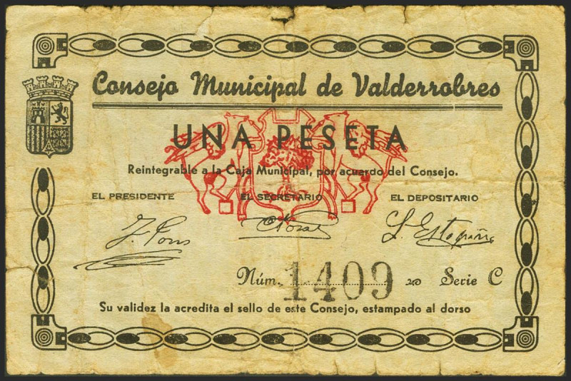 VALDERROBRES (TERUEL). 1 Peseta. (1937ca). Serie C. (González: 5295). Raro. MBC-...