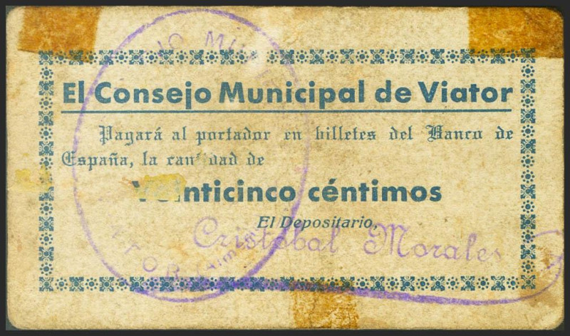 VIATOR (ALMERIA). 25 Céntimos. (1937ca). (González: 5476). Raro. EBC.