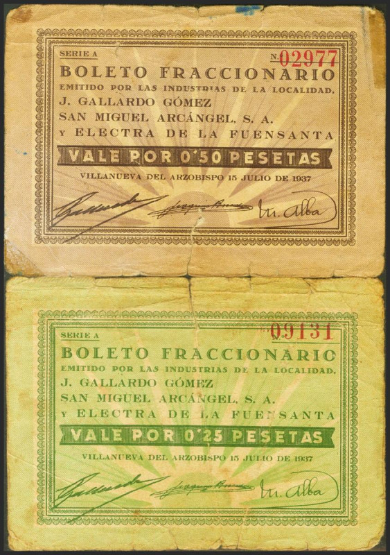 VILLANUEVA DEL ARZOBISPO (JAEN). 25 Céntimos y 50 Céntimos. 15 de Julio de 1937....