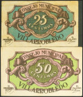 VILLARROBLEDO (ALBACETE). 25 Céntimos y 50 Céntimos. 20 de Septiembre de 1937. Serie A, ambos. (González: 5731, 5732). MBC/EBC+.