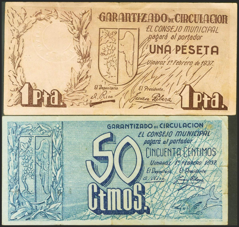 VINAROZ (CASTELLON). 50 Céntimos y 1 Peseta. 1 de Febrero de 1937. Serie A, ambo...