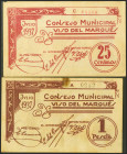 VISO DEL MARQUES (CIUDAD REAL). 25 Céntimos y 1 Peseta. Julio 1937. Series C y A, respectivamente. (González: 5783, 5785). Raros. MBC.