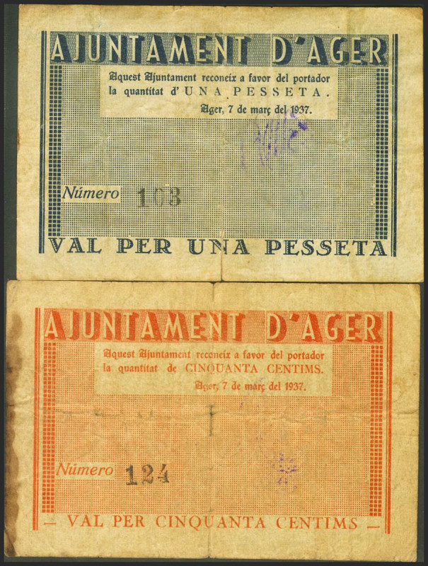 AGER (LERIDA). 50 Céntimos y 1 Peseta. 7 de Marzo de 1937. (González: 6010/11). ...