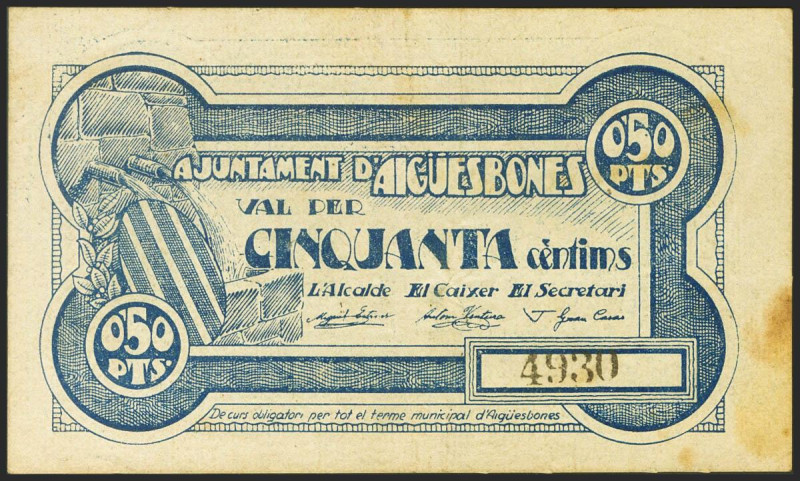 AIGUESBONES (BARCELONA). 50 Céntimos. (1937ca). Impresión del anverso y reverso ...