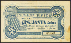 AIGUESBONES (BARCELONA). 50 Céntimos. (1937ca). Impresión del anverso y reverso igual. (González: 6047). Raro. MBC+.