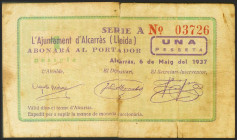 ALCARRAS (LERIDA). 1 Peseta. 6 de Mayo de 1937. (González: 6135). Raro. MBC-.