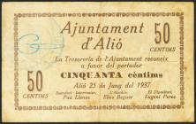 ALIO (TARRAGONA). 50 Céntimos. 25 de Junio de 1937. Serie A. (González: 6201). Raro. MBC-.
