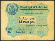 ARBUCIES (GERONA). 1 Peseta. 1 de Mayo de 1937. Serie A. (González: 6323). BC.