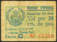 ARBUCIES (GERONA). 25 Céntimos. 26 de Junio de 1937. Serie C. (González: 6324). MBC-.