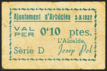 ARBUCIES (GERONA). 10 Céntimos. 2 de Octubre de 1937. Serie D. (González: 6325). MBC.