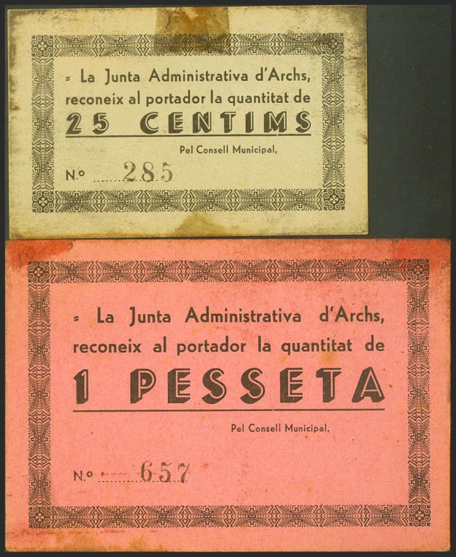 ARCHS (LERIDA). 25 Céntimos y 1 Peseta. (1937ca). (González: 6329, 6331). Muy ra...