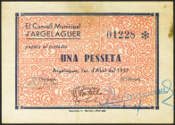 ARGELAGUER (GERONA). 1 Peseta. 1 de Abril de 1937. (González: 6377). Muy raro. MBC-.