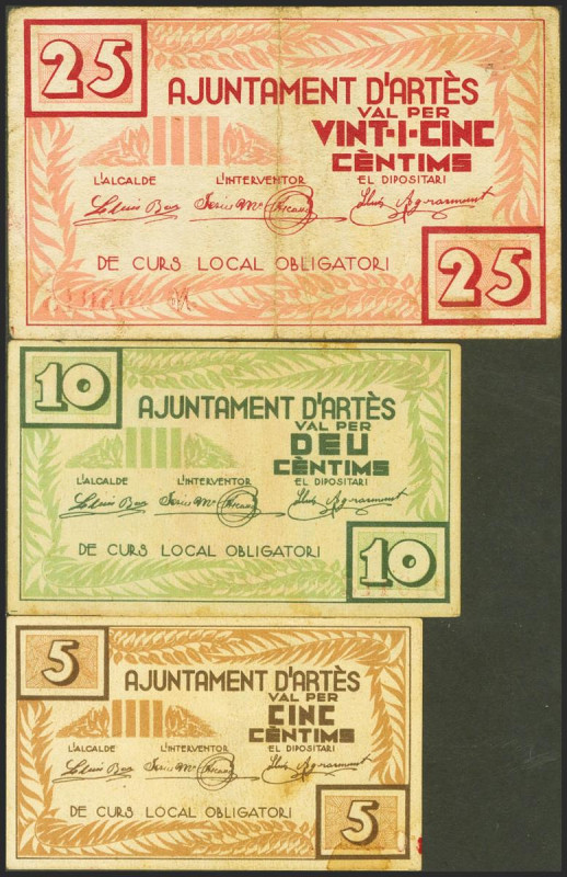 ARTES (BARCELONA). 5 Céntimos, 10 Céntimos y 25 Céntimos. (1937ca). (González: 6...