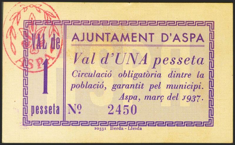 ASPA (LERIDA). 1 Peseta. Marzo 1937. (González: 6440). Raro. SC-.