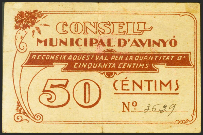 AVINYO (BARCELONA). 50 Céntimos. (1937ca). (González: 6449). Raro. MBC.