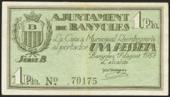 BANYOLES (GERONA). 1 Peseta. 17 de Agosto de 1937. Serie B. (González: 6507). EBC.