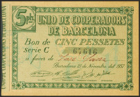 BARCELONA. 5 Pesetas. 21 de Noviembre de 1937. Serie C. (González: 6886). EBC+.