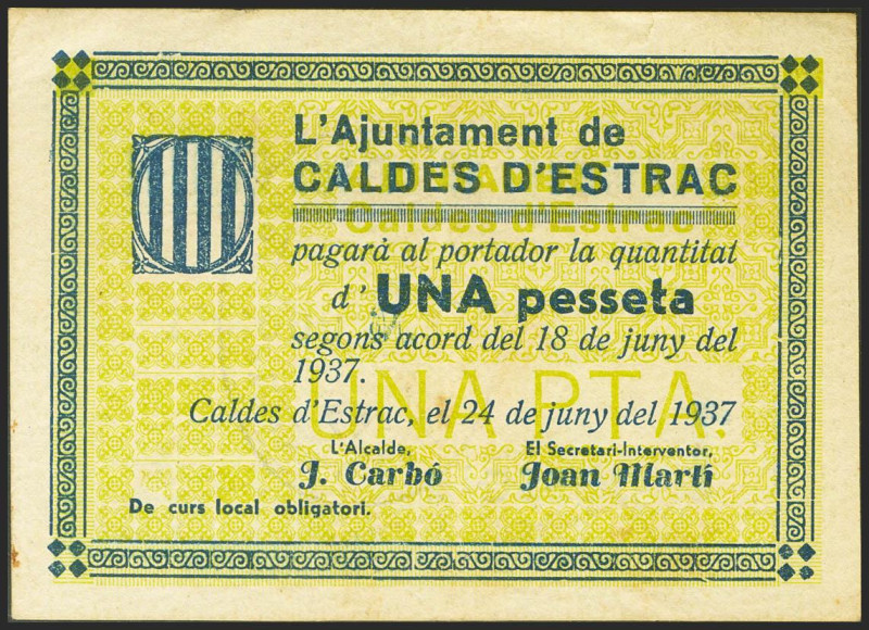 CALDES DE ESTRAC (BARCELONA). 1 Peseta. 24 de Junio de 1937. (González: 7275). R...