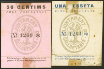 CALLDETENES (BARCELONA). 50 Céntimos y 1 Peseta. (1937ca). (González: 7295/96). Rara serie completa. EBC.